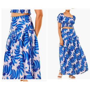 HT360 Collective Skirt XL Blue Hand Made Banana‎ Print Maxi $189